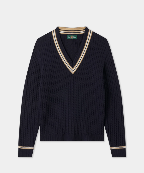 Alan Paine Cable Knit Cricket Jumper In Dark Navy