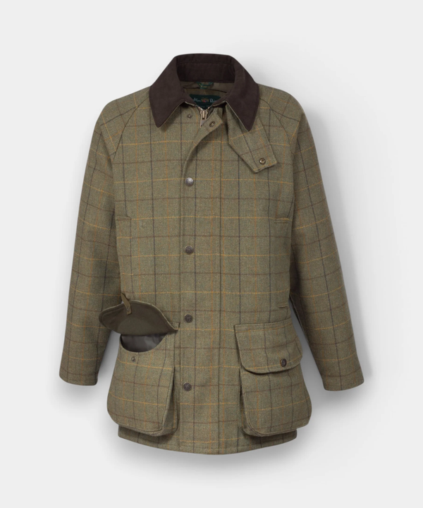 Alan Paine Rutland Men's Tweed Waterproof Shooting Coat in Dark Moss - Regular Fit